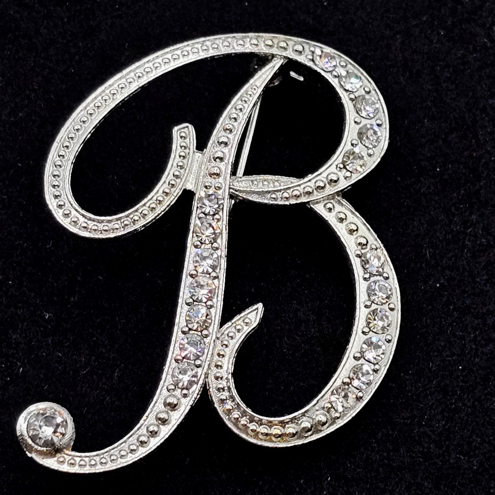 Cursive Letter Initial "B" Brooch Silver Tone Rhinestone Pin Script Gift Classic
